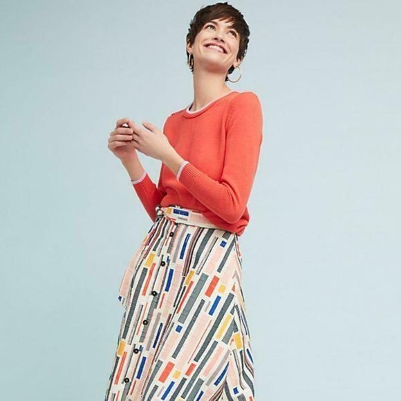 Coral Anthropologie Moth Button Shoulder Crew Neck Long Sleeve Sweater (NWT) - Picture 3 of 5